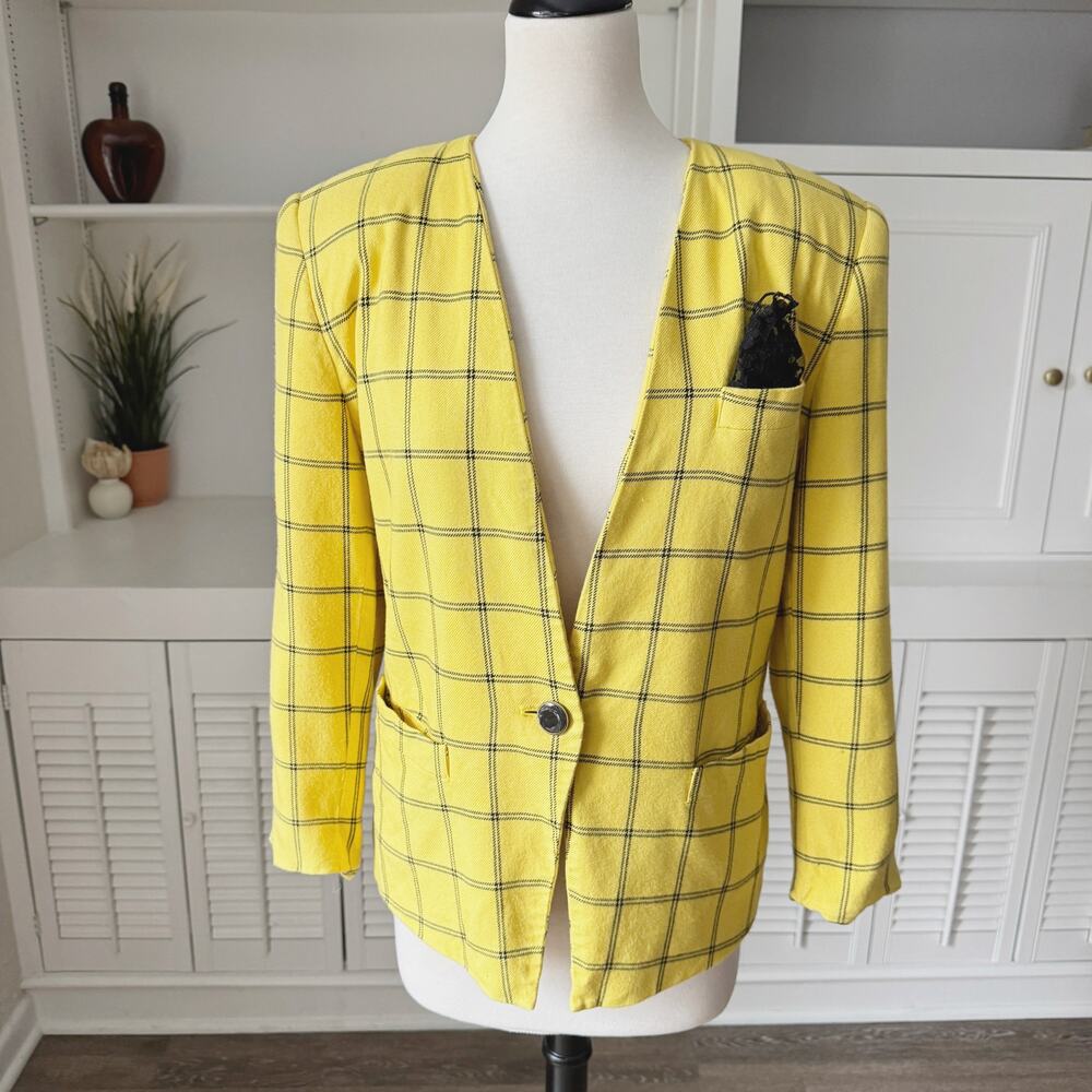 Vintage 90s Y2K Amanda Smith Yellow Black Plaid Blazer Size MP